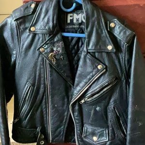 FMC Black Leather well aged belted moto jacket, Small